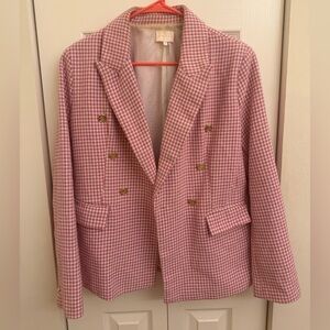 entro Pink Houndstooth Double-Breasted Blazer with Gold Buttons